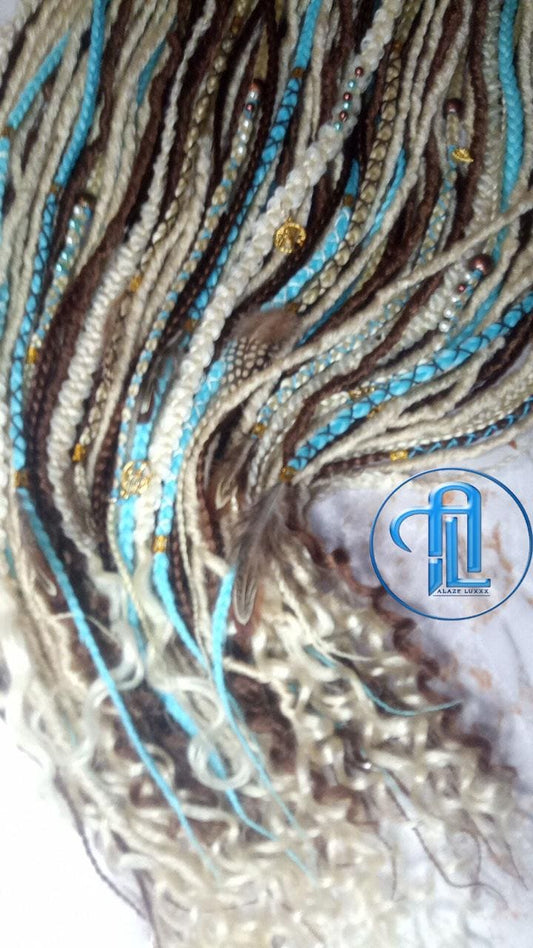 Blue Bohemian Brown Blonde Blue Set Soft boho dreadlocks textured braid wavy SE Full set Curls dreads Dragon Braid Festival Long Jungle Hair