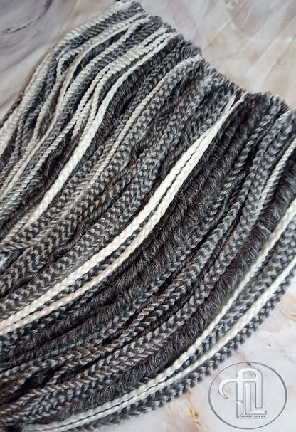 Grey Single Ended SE 100 Piece Set Kit Mixed Soft Crochet Boho Dread Braid Hair Wraps Extensions Textured Natural Realistic Silver White
