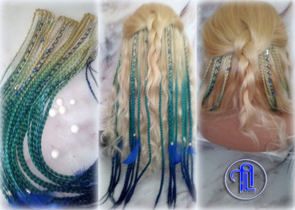 Blonde Teal Green Blue Ombre Clip in Braid Long 24 in Boho Extensions Box braiding hair Rave Festival Elements Feathers