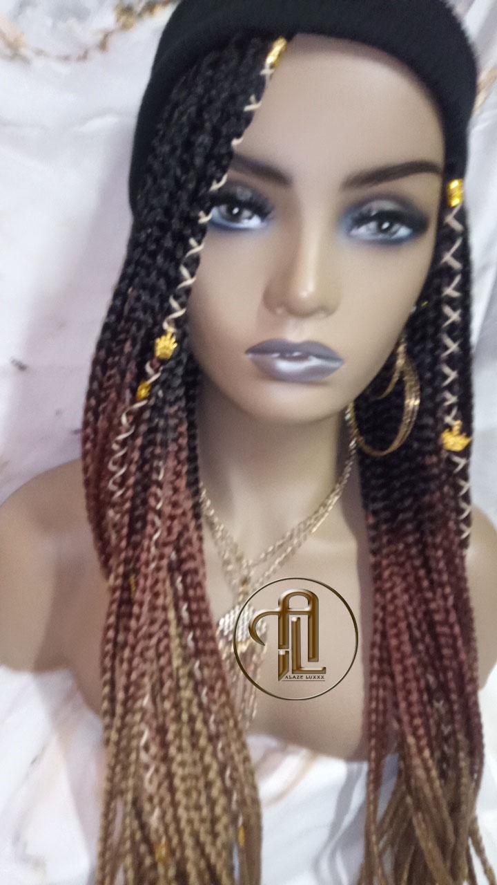Beanie Hat Black Brown Blonde Ombre Box Braid Boho Style Long Hat Beanie Braided Hat Winter fall fashion Cap Wig Hat Chemo Hat Alopecia