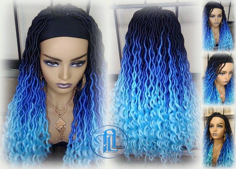 Headband wig Dreadlock Wig Mermaid Blue Ombre gradient Goddess Faux Locs curly long rainbow boho bohemian wig