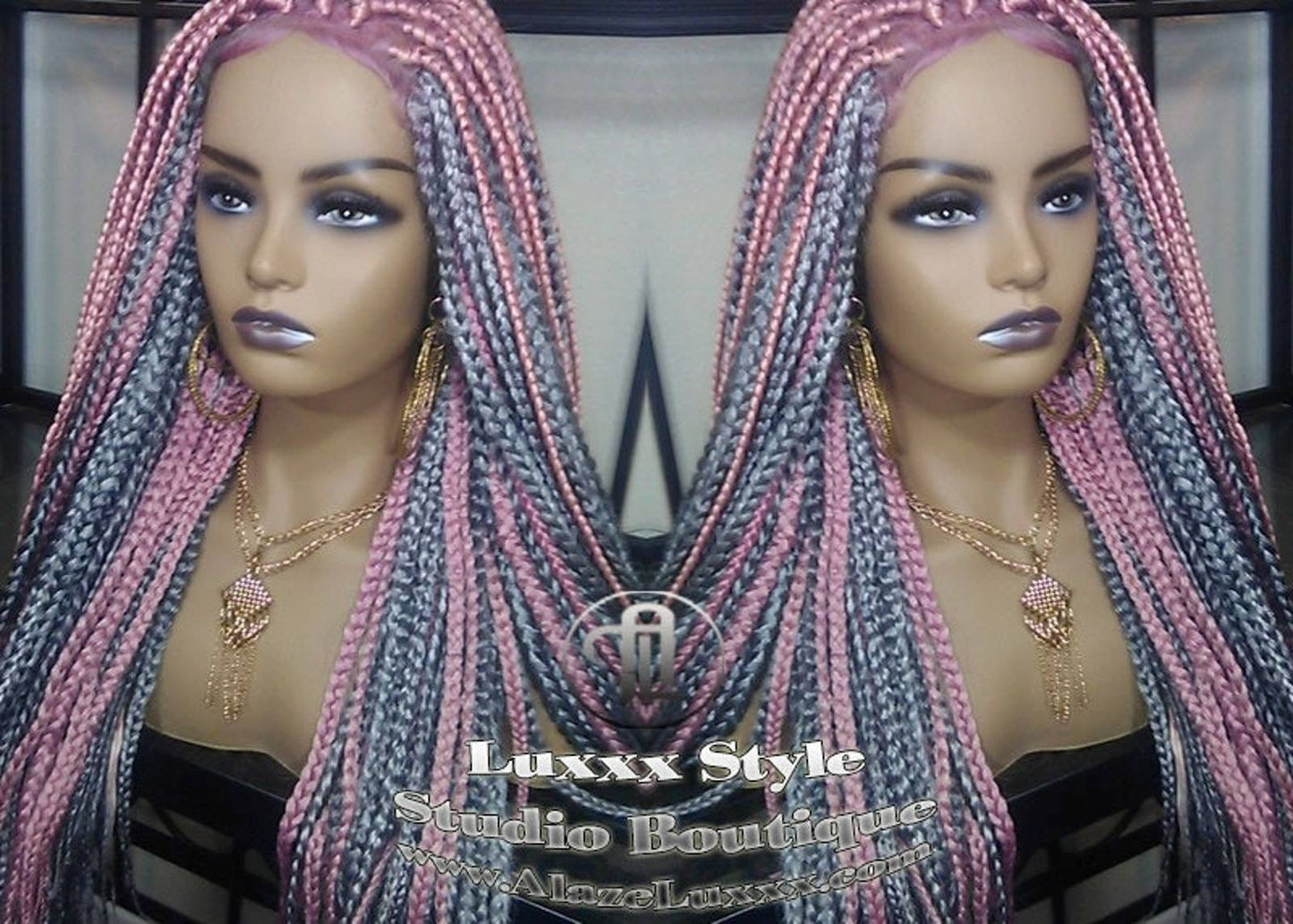 Pink Grey Mermaid Wig Box Braids braided Synthetic hair Lace closure Baby hair Light Pink wig pink extensions stage hair gypsy Boho