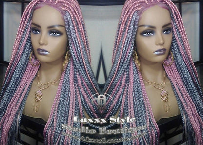 Pink Grey Mermaid Wig Box Braids braided Synthetic hair Lace closure Baby hair Light Pink wig pink extensions stage hair gypsy Boho