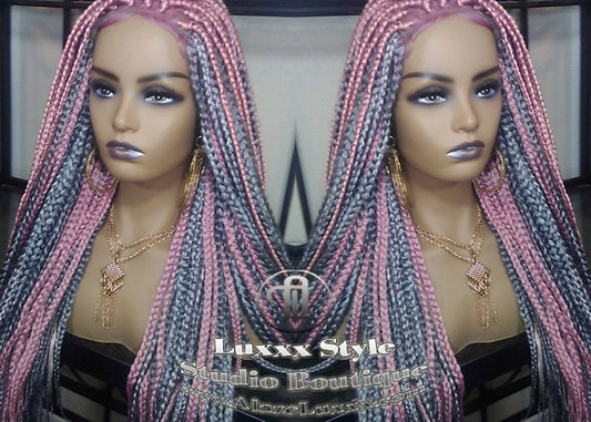 Pink Grey Mermaid Wig Box Braids braided Synthetic hair Lace closure Baby hair Light Pink wig pink extensions stage hair gypsy Boho