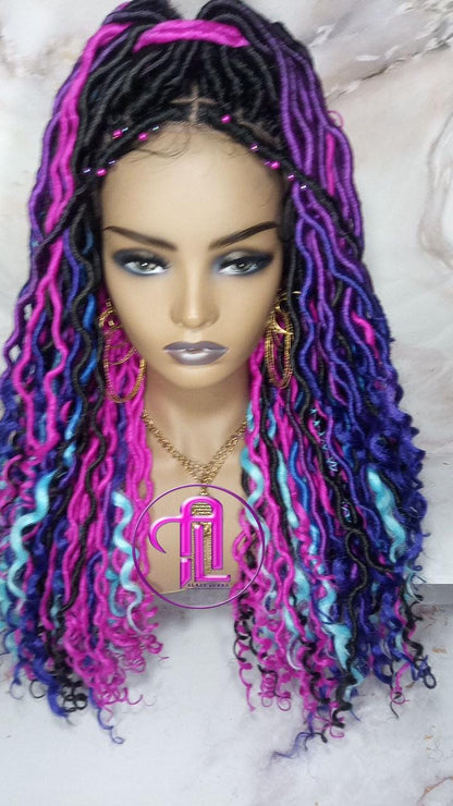 Full Lace Braid Dread Wig Black Blue Pink Purple Ombre Goddess Faux Loc Wig Mermaid long rainbow boho bohemian braids wig