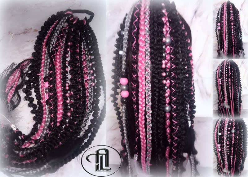 Ponytail Hair Fall Extensions Black Pink Grey Ombre Elements Accents Feathers synthetic box braids hair scrunchie clip in Clip on Braids