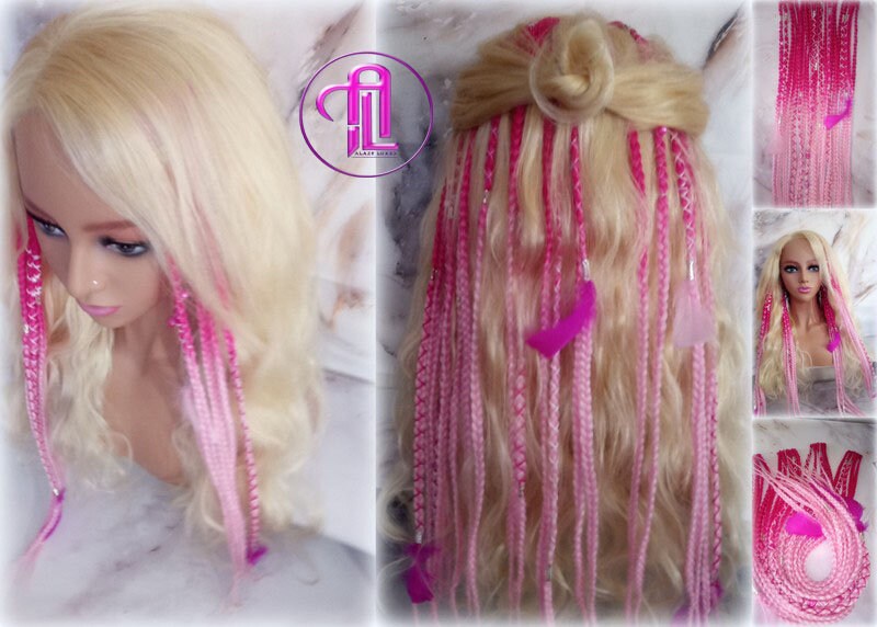 Pink Ombre Clip in Braid Long 24 in Boho Extensions Pink Ombre Blonde Pink Box braiding hair Rave Festival Elements Feathers