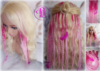 Pink Ombre Clip in Braid Long 24 in Boho Extensions Pink Ombre Blonde Pink Box braiding hair Rave Festival Elements Feathers