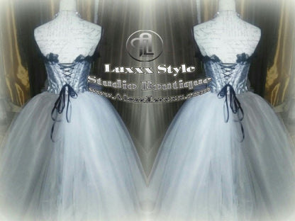Burlesque Wedding Prom Party Dress Quinceanera Cosplay EDC RAVE Festival Silver White TuTu Tulle Corset Skirt Sweet16 Bridesmaid Homecoming