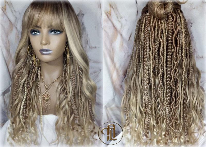 Dread Braid Bangs Full Wig Twist Soft Crochet Boho Synthetic Dread Braid Bohemian Dark Root Ombre Brown Blonde Long Wavy Curly Balayage Wig