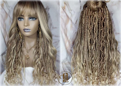 Dread Braid Bangs Full Wig Twist Soft Crochet Boho Synthetic Dread Braid Bohemian Dark Root Ombre Brown Blonde Long Wavy Curly Balayage Wig