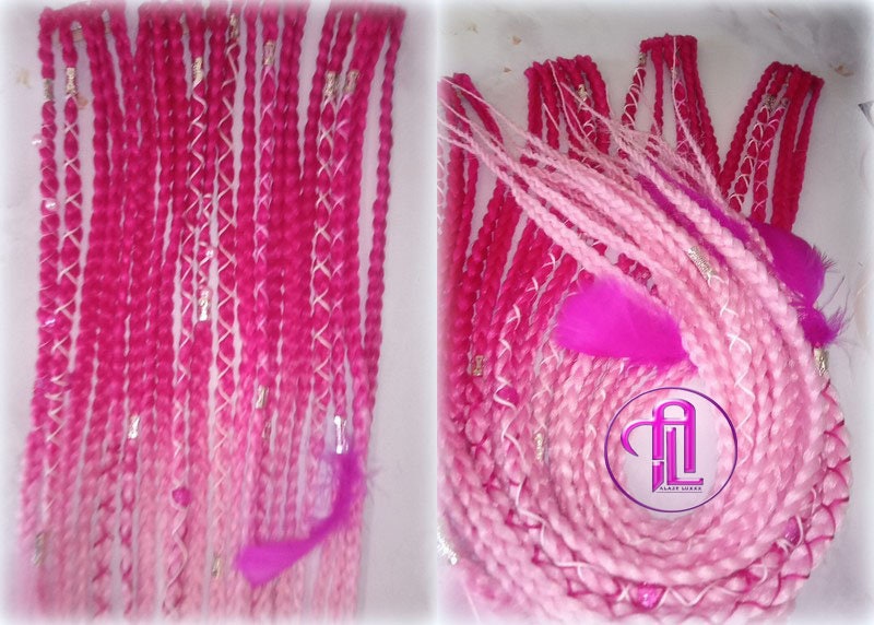 Pink Ombre Clip in Braid Long 24 in Boho Extensions Pink Ombre Blonde Pink Box braiding hair Rave Festival Elements Feathers