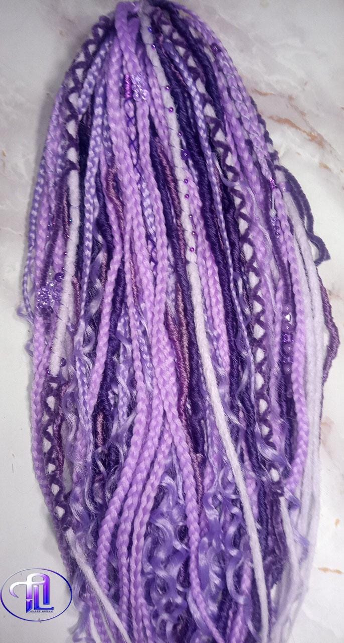 Claw Clip Drawstring Braids Dreads Ponytail Extension Viking Renaissance  Purple Lavender Accents Feathers synthetic clipin Butterfly