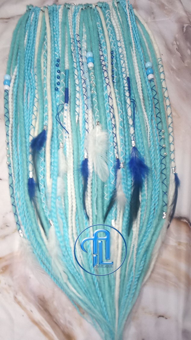 Blue White SE Synthetic Crochet Straight Dreads Braids synthetic soft and light Braid in Clip in hair extension Fake Faux Dreads Partial Set