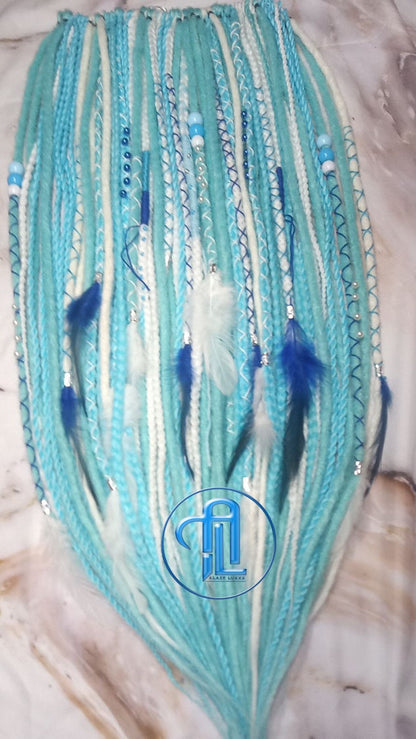 Blue White SE Synthetic Crochet Straight Dreads Braids synthetic soft and light Braid in Clip in hair extension Fake Faux Dreads Partial Set