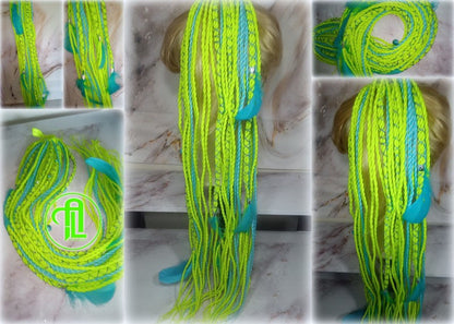 Ponytail Hair Fall Extensions Neon Green Slime Blue Elements Accents Feathers synthetic senegalese twist braids hair scrunchie clip in