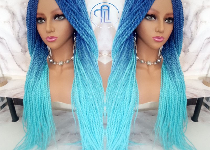 Blue Ombre Senegalese Twist Braid Wig Small Long Gradient Unicorn Mermaid  Braids Light Royal Indigo Blue