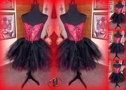 Red Black Dress Tulle Mesh Skirt Corset Outfit Hi Low Layered Skirt Prom Anniversary Sweet16 Sexy Bodycon Costume Adult Birthday Party Dress