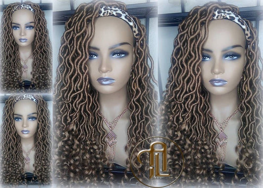 Headband Wig Blonde Honey Goddess Faux Gypsy Bohemian Boho Dread Loc waterfall Wig Blonde #27 Wavy Blonde Crochet Braided Wigs Ready to ship