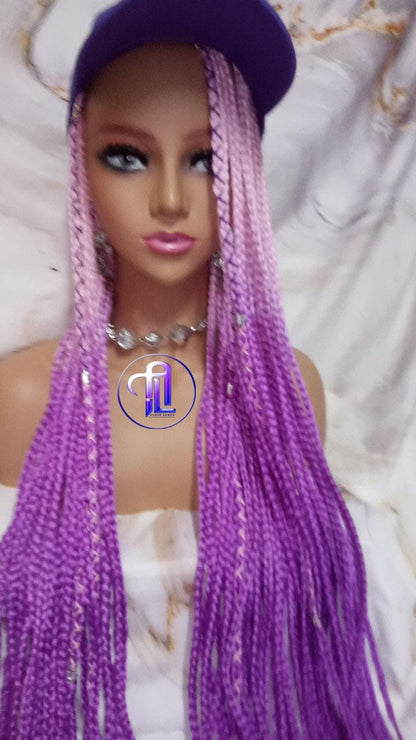 Ombre Box Braid Hat Wig | Pink Purple Lavender Braided Cap | Chemo Alopecia | Faux Braids Wig Hat | Festival Hair | Protective Style Hat Wig