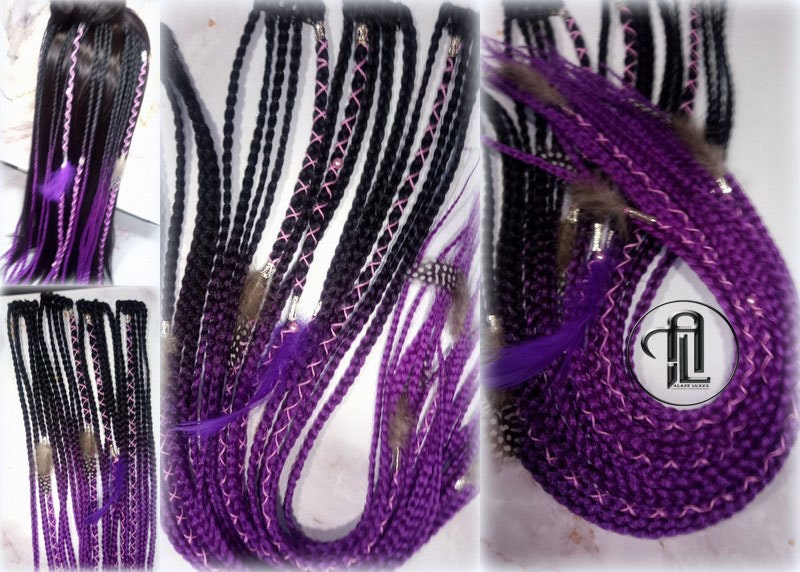 Black Purple Ombre Clip in Braid Long 24 in Boho Extensions Ombre Purple Box braiding hair Rave Festival Feathers Elements