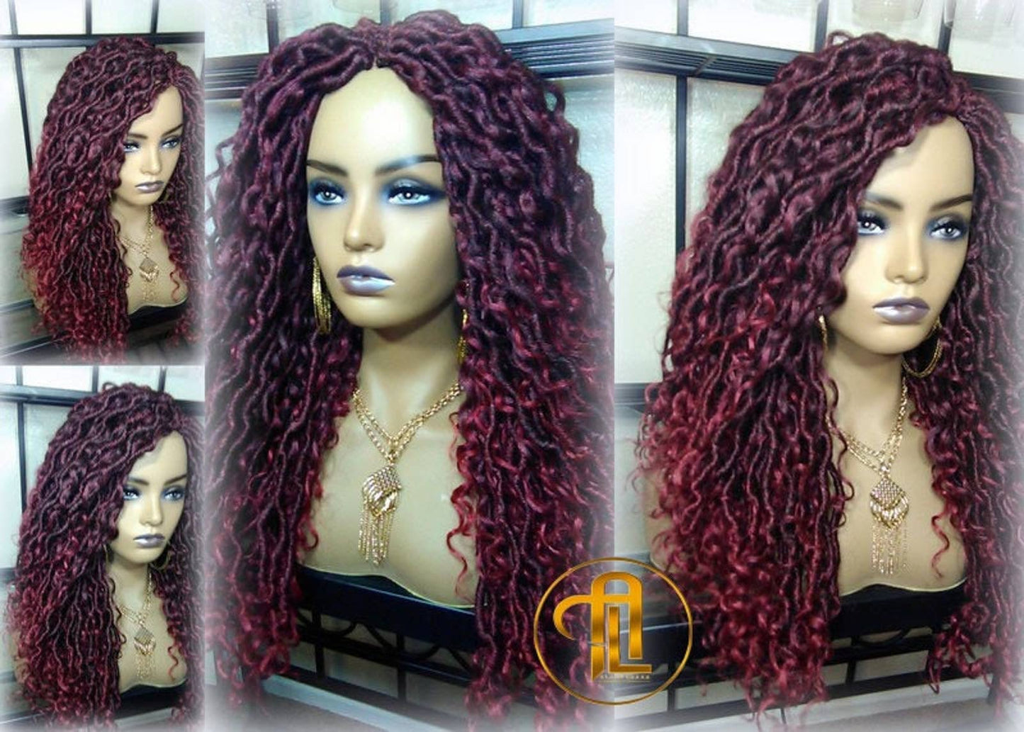 Red 530 Black Mix Goddess Faux Loc Curly Boho Braided Wig Gypsy Bohemian Boho Dread DE SE Dred Lock Hair wig Ready to ship