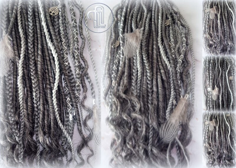 Viking Hair Silver Black Grey Single Ended SE 75 Piece Set Kit Mixed Soft Crochet Boho Dread Braid Hair Wraps Extensions Textured Natural