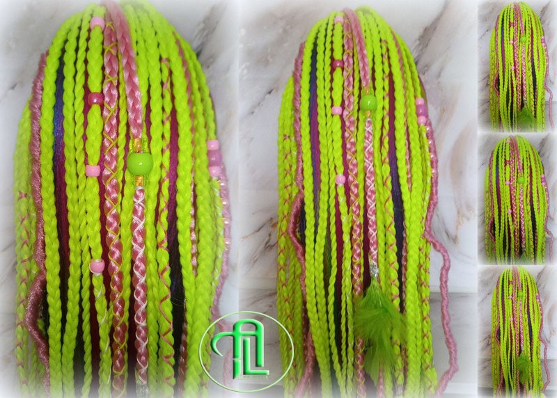 Ponytail Hair Fall Extensions Pink Green Florescent Ombre Elements Accents Feathers synthetic box braid hair scrunchie clip in Clip on Braid