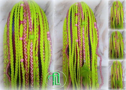 Ponytail Hair Fall Extensions Pink Green Florescent Ombre Elements Accents Feathers synthetic box braid hair scrunchie clip in Clip on Braid