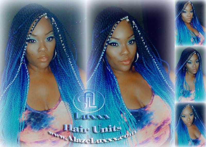Blue  Unicorn Mermaid Wig Senegalese Twist Braid Wig Blue Ombre Small Long Micro Braids Royal Baby Sky Sale Alopecia Blue Braids