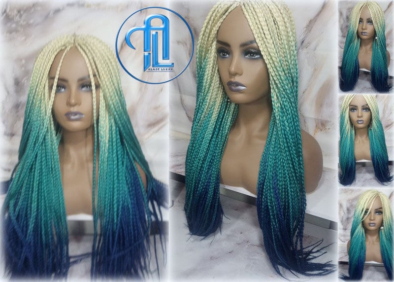 Box Braid Wig Creamy-White Blonde Lake Blue Royal Blue Braid Wig Long  Ombre Blonde Creamy Green Turquoise Blue Mermaid Hair Multi Color