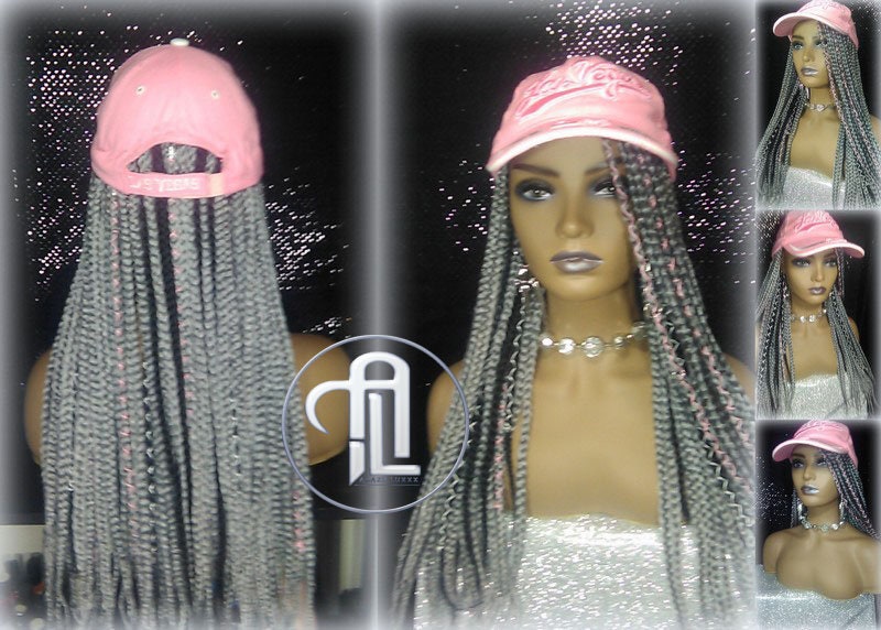 Silver Grey Black Box Braid Hat Wig  Gym Hat Baseball Cap Braided Hat Wig Women Hair Summer Winter Hat Hair Cap Wig Hat Chemo Hat Alopecia