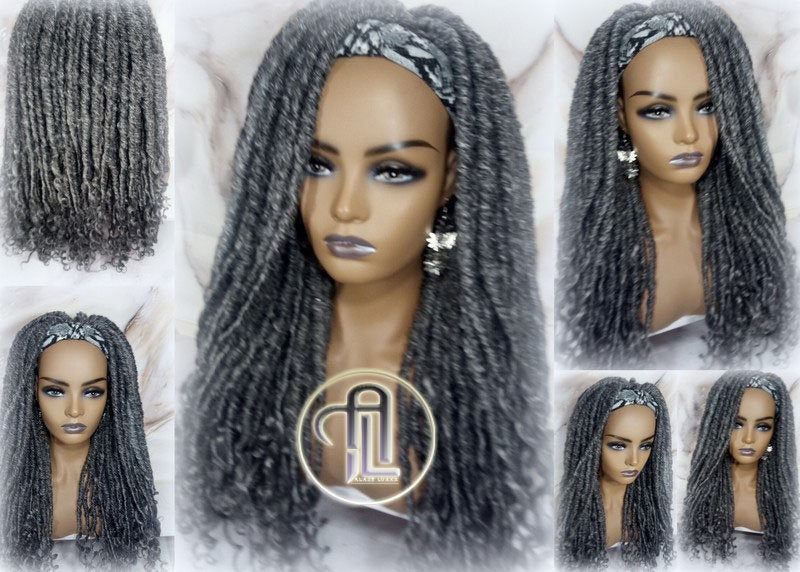 Headband Wig Fluffy Goddess Faux Dread Locs Salt N Pepper 44 51 Gypsy Boho Silver Grey Gray Platinum Storm Wig Unit Wavy Ready to Ship