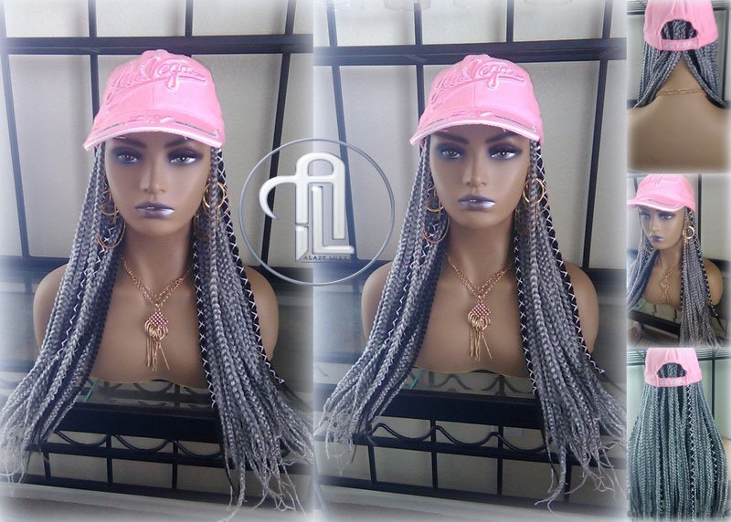 Silver Grey Black Box Braid Hat Wig  Gym Hat Baseball Cap Braided Hat Wig Women Hair Summer Winter Hat Hair Cap Wig Hat Chemo Hat Alopecia