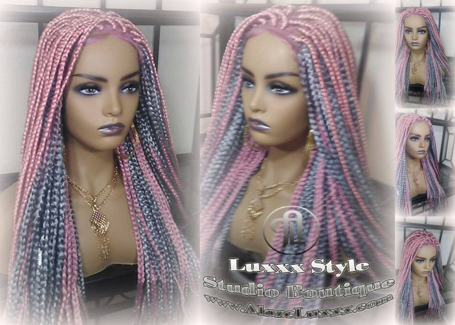 Pink Grey Mermaid Wig Box Braids braided Synthetic hair Lace closure Baby hair Light Pink wig pink extensions stage hair gypsy Boho