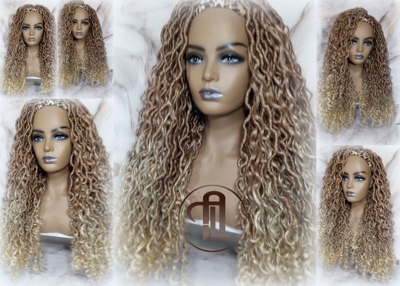 Headband Wig Blonde Mix 27 613 Boho Honey Blonde Goddess Faux Locs Gypsy Bohemian Boho Wig Blonde Marley Curly Waterfall Hair Braided Wig