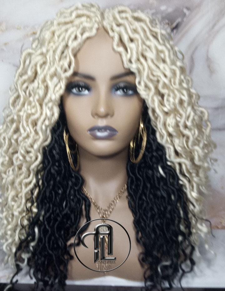 Blonde 613  Black 2 Tone Goddess Faux Locs 14in Short Braid Wig Platinum White Blonde River Locs Wig Gypsy Bohemian Boho Simple Lace Part