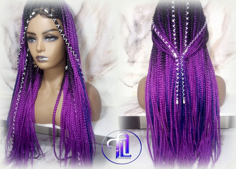 Box Braids Ombre Black Purple Blue Mermaid Gradient Braid Wig 24 Inch Long Synthetic Braiding Hair Extension