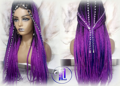 Box Braids Ombre Black Purple Blue Mermaid Gradient Braid Wig 24 Inch Long Synthetic Braiding Hair Extension
