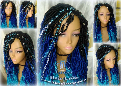 Blue Ombre Goddess Faux Locs Mermaid curly long distressed bohemian braids Natural dreads locs Wig for Black women Gift for women