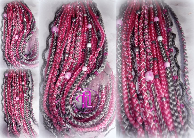 Pink Grey Silver Ponytail Hair Fall Extensions Elements Accents Feathers synthetic box braids hair scrunchie clip in Clip on Braids