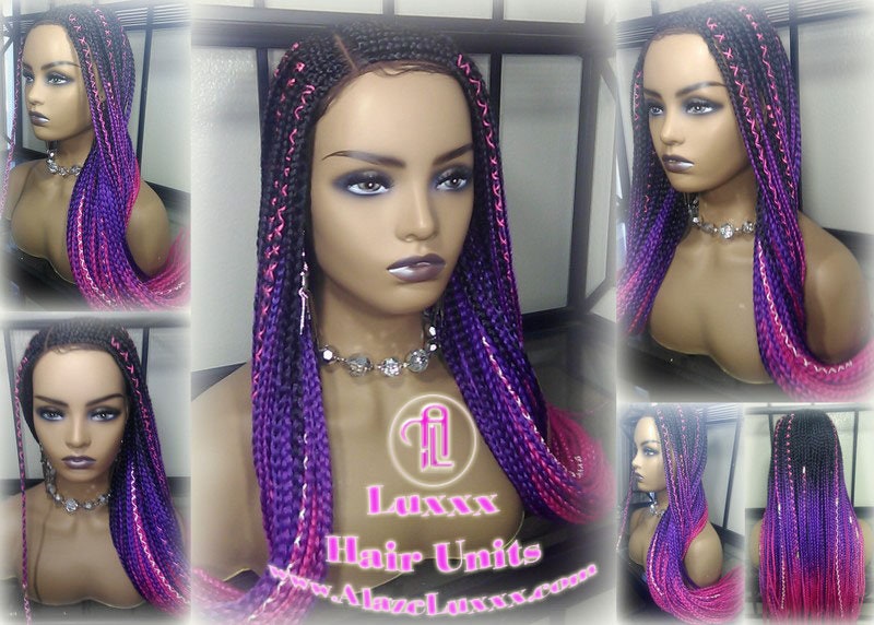 Cornrow Black Purple Pink Ombre Lemonade Braid Wig Lace Closure Baby Hair Box Braids Mermaid Unicorn Rainbow Hair
