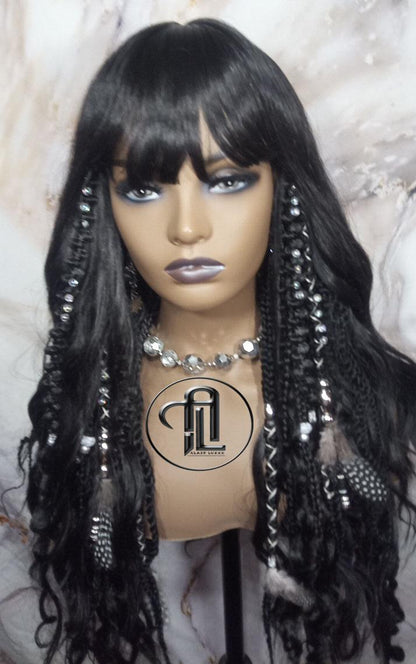 Black Full Wig Dread Braid Bangs Twist Soft Crochet Boho Synthetic Dread Braid Bohemian Black Long Wavy Curly Textured Dreads Silver Decor