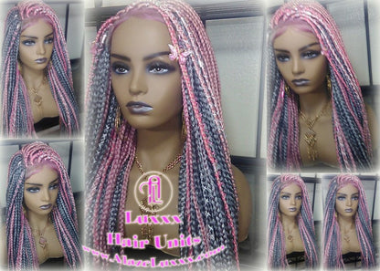 Pink Grey Mermaid Wig Box Braids braided Synthetic hair Lace Baby hair Light Pink wig pink extensions stage hair gypsy Boho Butterfly
