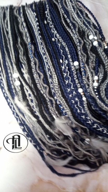 Blue Black Silver Boho Single Ended SE 100 Piece Braids Plaits Twist Soft Crochet Boho Dread Braid Hair Wraps Extensions SE Dread Cuffs Ring