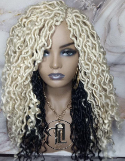 Blonde 613  Black 2 Tone Goddess Faux Locs 14in Short Braid Wig Platinum White Blonde River Locs Wig Gypsy Bohemian Boho Simple Lace Part