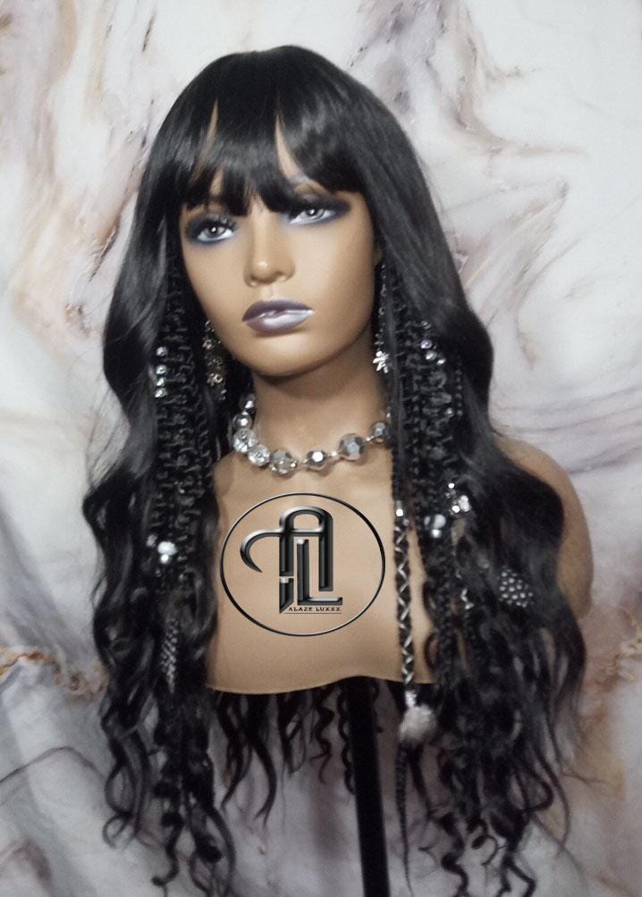 Black Full Wig Dread Braid Bangs Twist Soft Crochet Boho Synthetic Dread Braid Bohemian Black Long Wavy Curly Textured Dreads Silver Decor