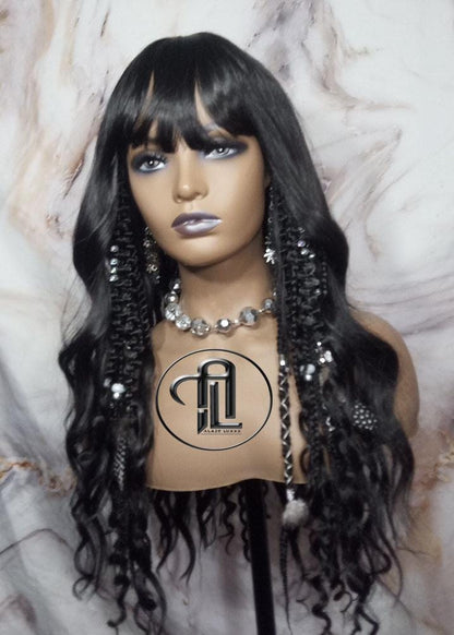 Black Full Wig Dread Braid Bangs Twist Soft Crochet Boho Synthetic Dread Braid Bohemian Black Long Wavy Curly Textured Dreads Silver Decor