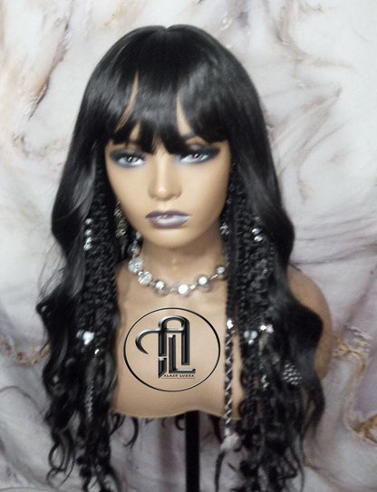 Black Full Wig Dread Braid Bangs Twist Soft Crochet Boho Synthetic Dread Braid Bohemian Black Long Wavy Curly Textured Dreads Silver Decor