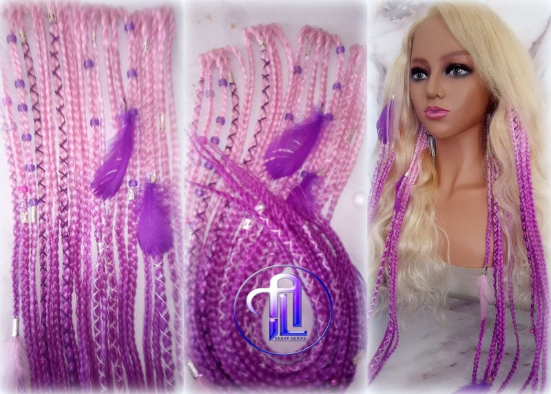 Pink Purple Ombre Clip in Braid Long 24 in Boho Extensions Pink Ombre Purple Box braiding hair Rave Festival Feathers Elements